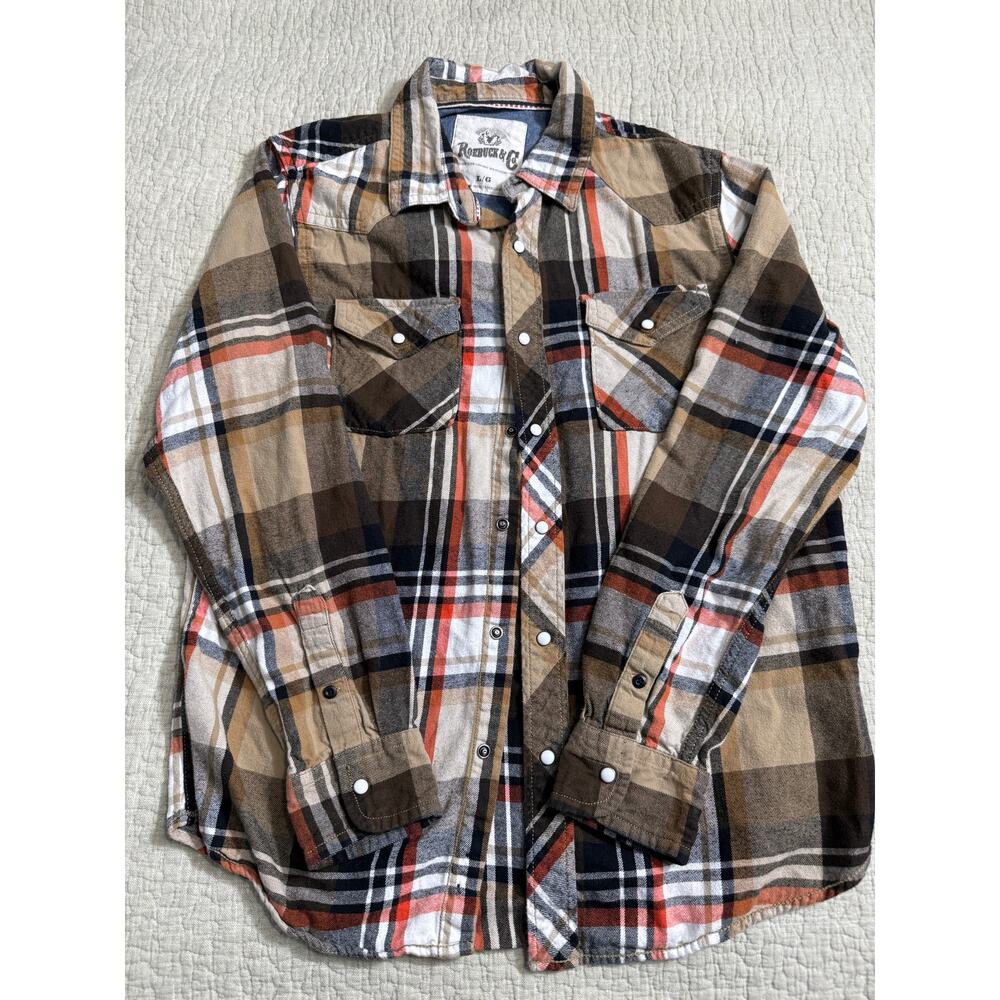 Roebuck‎ & Co. plaid flannel western shirt with pearl snap fasteners cowboy LG